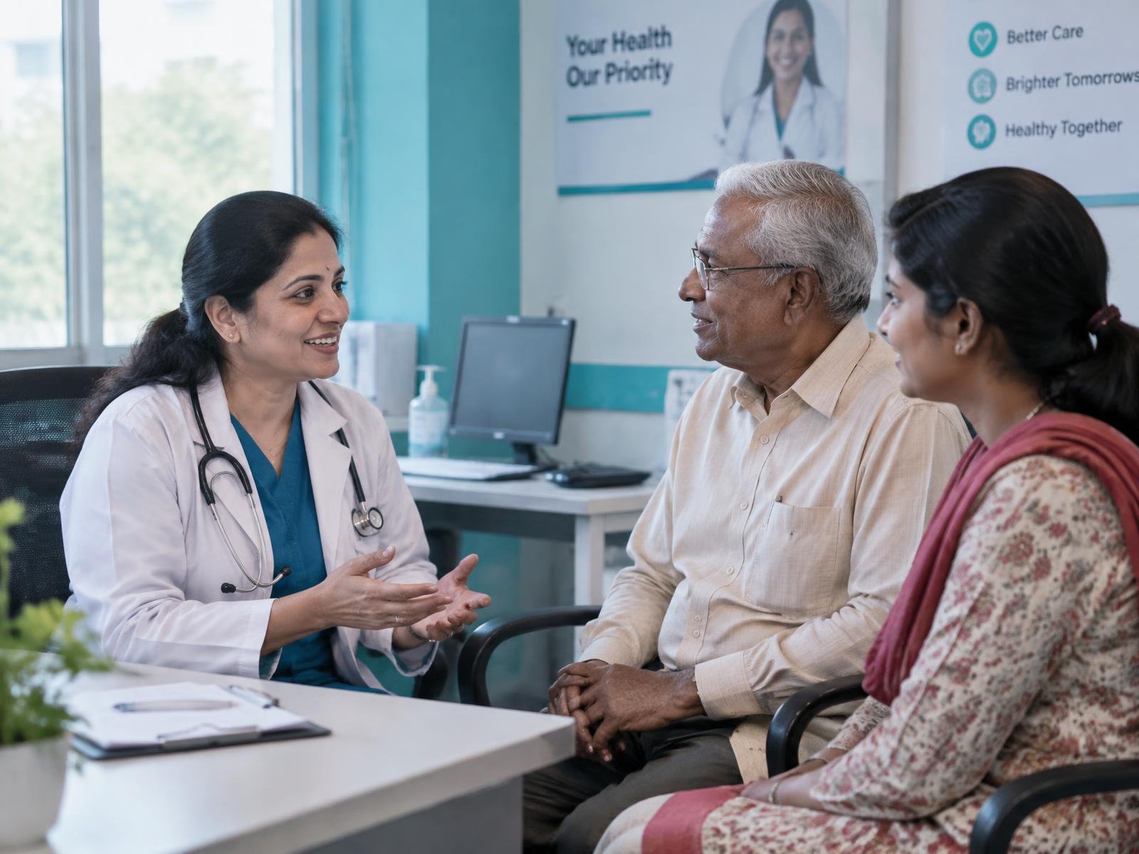 Doctor consulting an elderly patient and his daughter